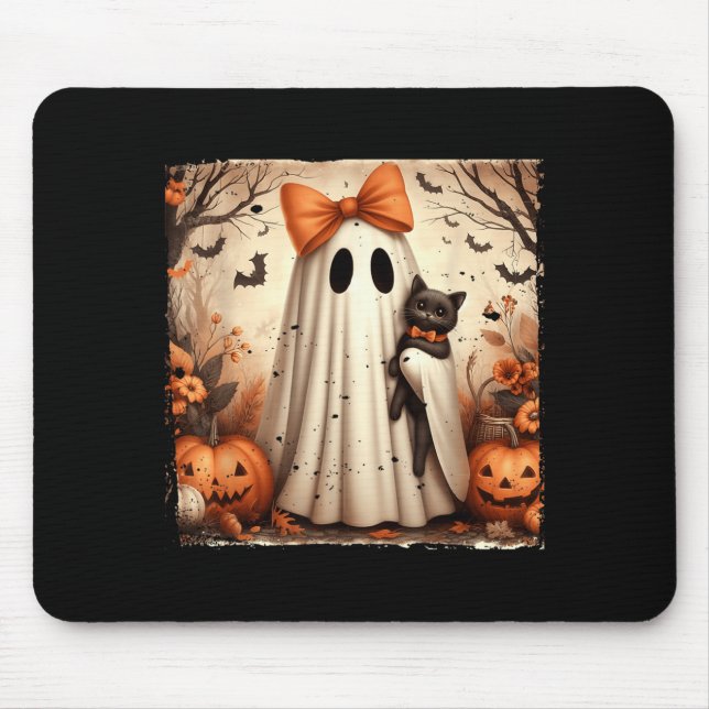 Mousepad Poster do Fantasma do Halloween Segurando Gatinho  (Frente)