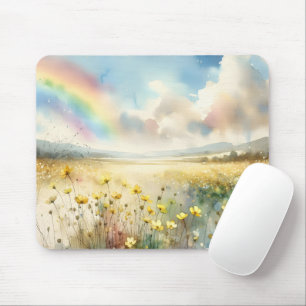 Mousepad Prado de flor selvagem com arco-íris