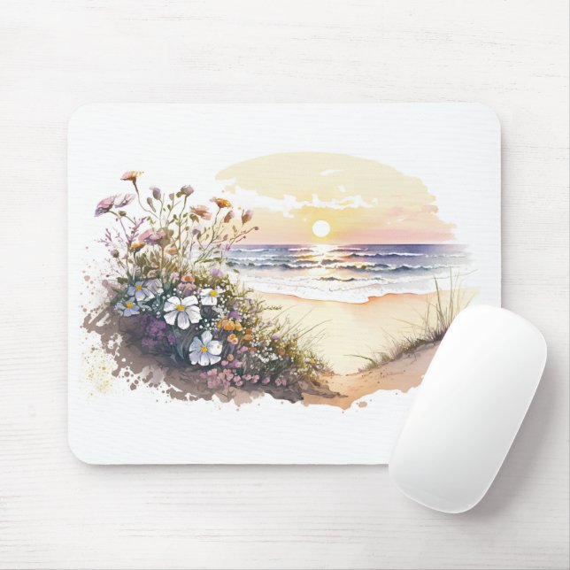 Mousepad Praia Oceânica de Aquarela com Flores (Com mouse)