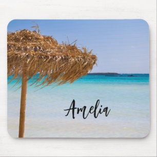 Mousepad Praia Tropical Cênica com Guarda-Sol de Palha
