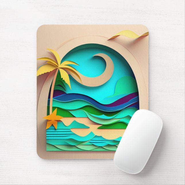 Mousepad Praia Tropical de Papercraft 3D (Com mouse)
