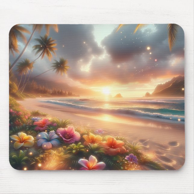 Mousepad Praia Tropical Encantada com Hibisco Mágico (Frente)