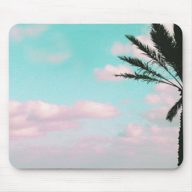Mousepad Praia Tropical, Vista Oceânica, Nuvens Rosa, Palma (Frente)