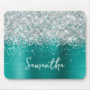 Mousepad Prata Brilho Aqua Azul Glam Nome