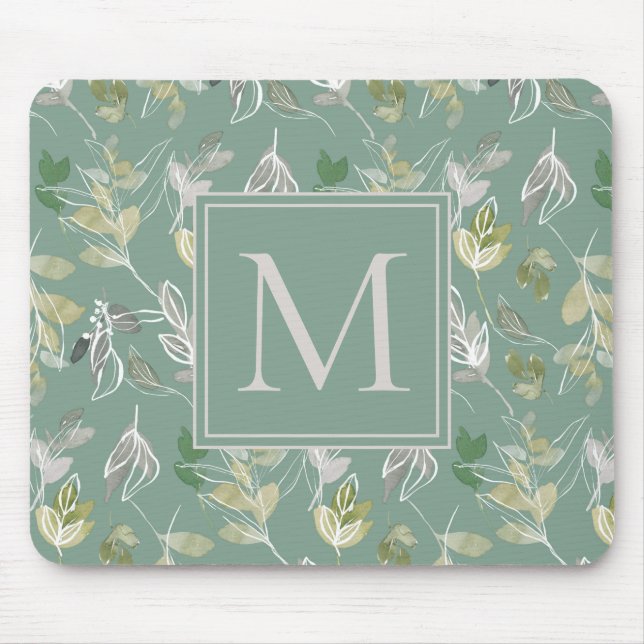 Mousepad Prata Verde Sage Moderna deixa monograma (Frente)