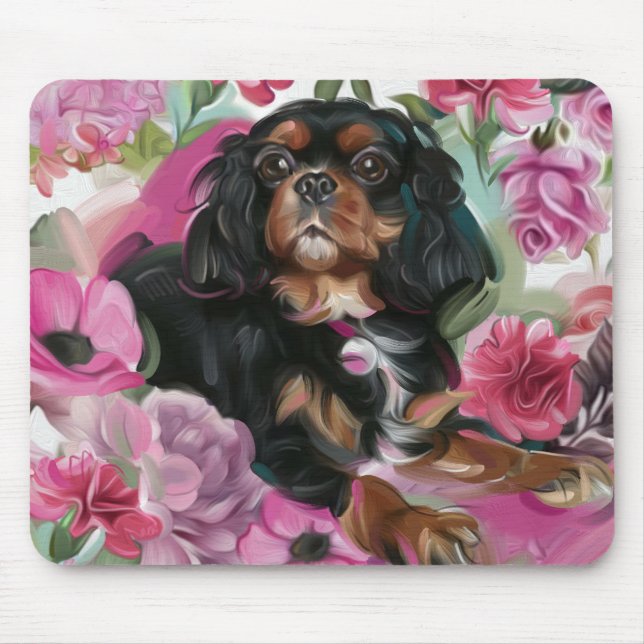 Mousepad Prato de Arte Floral de Cães Preto e Cavalier (Frente)