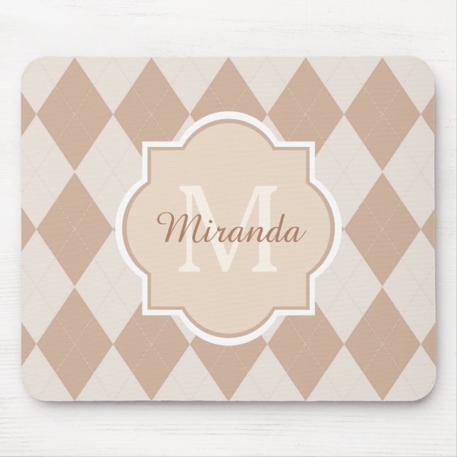 Mousepad Preppy Brown Argyle Girly Monograma e Nome (Frente)