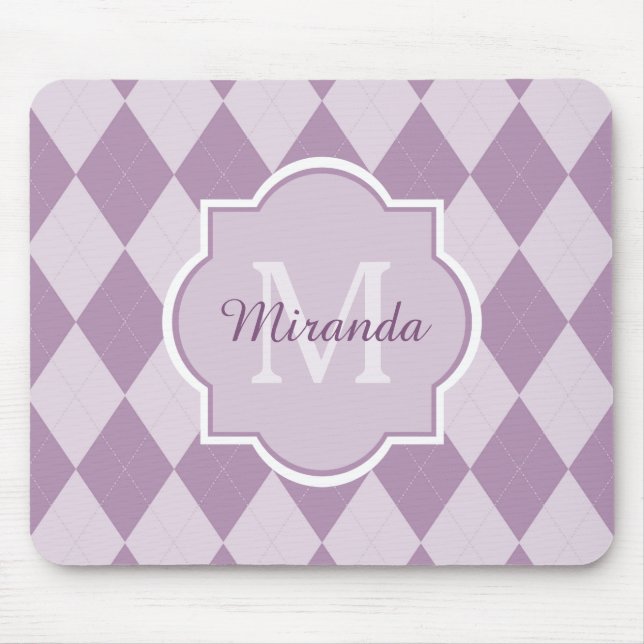 Mousepad Preppy Light Purple Argyle Girly Monograma e Nome (Frente)