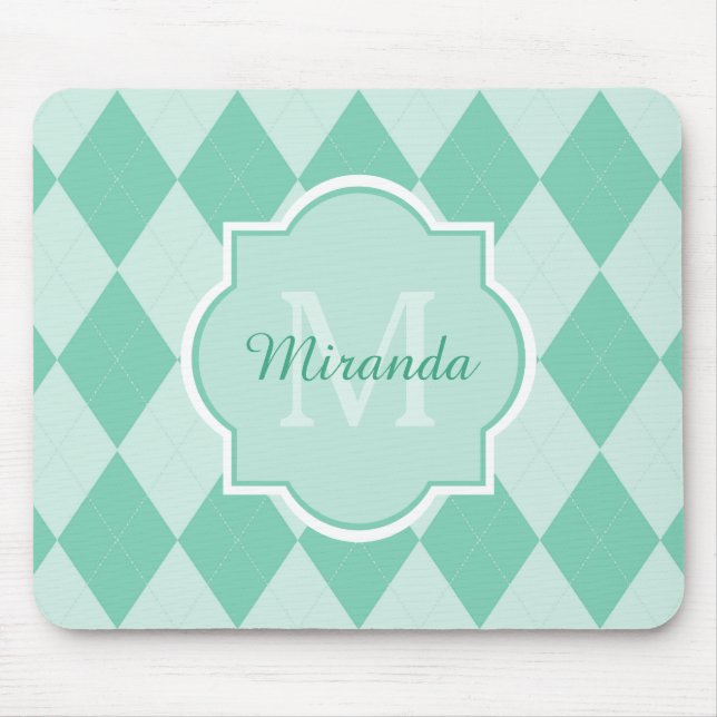 Mousepad Preppy Mint Green Argyle Girly Monograma e Nome (Frente)