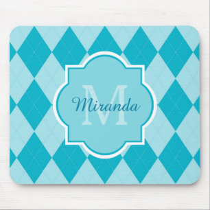 Mousepad Preppy Turquoise Argyle Girly Monograma e Nome
