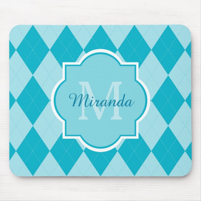 Mousepad Preppy Turquoise Argyle Girly Monograma e Nome (Frente)