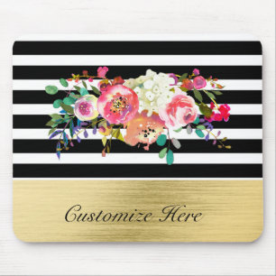 Mousepad Preto Branco Dourado Moderno Floral Glamour Elegan
