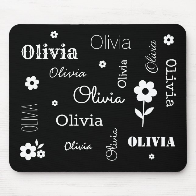 Mousepad Preto com flores brancas, proteção personalizada d (Frente)