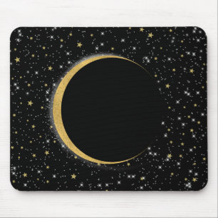 Mousepad Preto & Dourado Lua Mágica Celestial Estrelas Luna