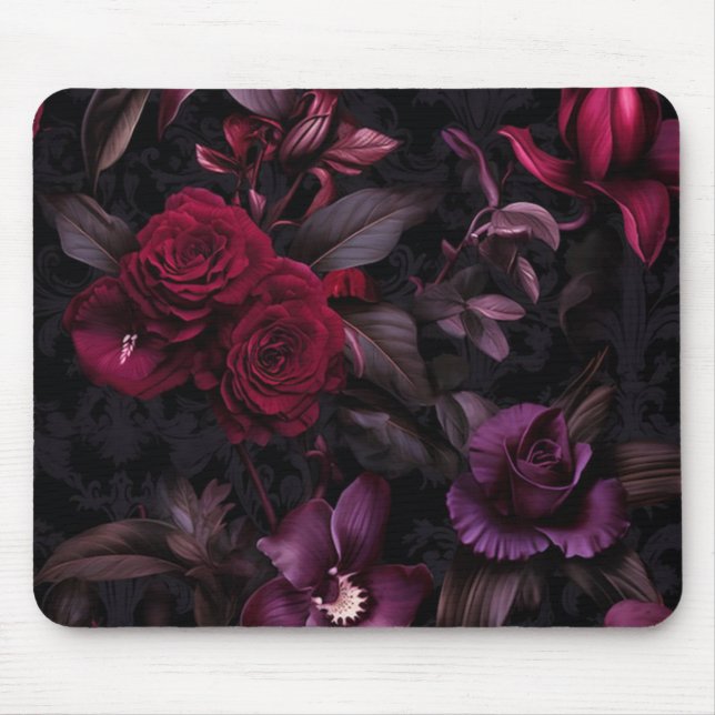Mousepad Preto e Borgonha Floral Escuro (Frente)
