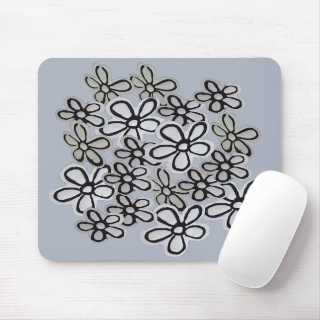 Mousepad Preto e Branco Cor d'água Padrão de margaridas (Com mouse)
