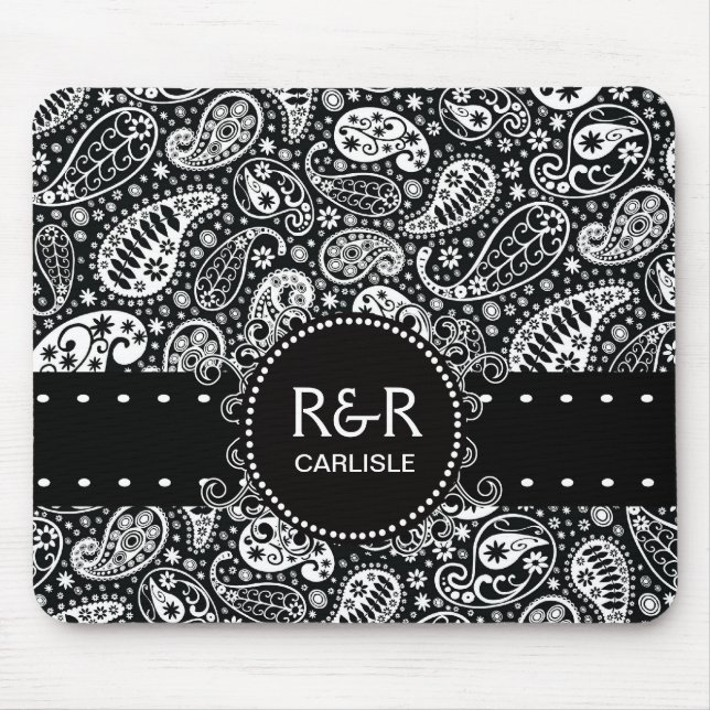 Mousepad Preto e branco do teste padrão de Paisley (Frente)