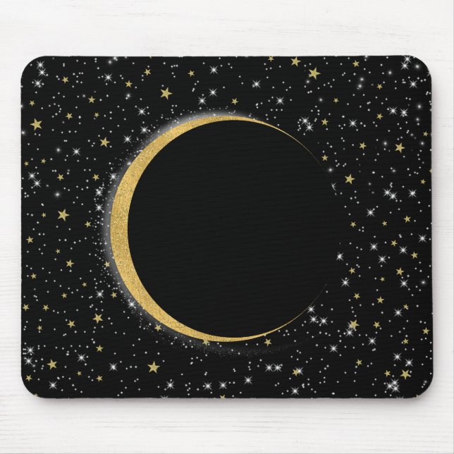 Mousepad Preto e Dourado Lua Celestial Magia Estrelas Lunar (Frente)