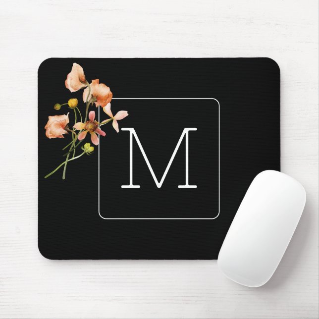 Mousepad Preto Floral Minimalista Monograma (Com mouse)
