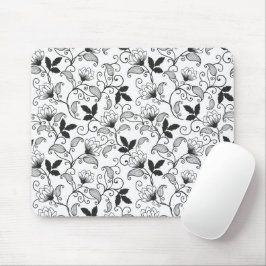 Mousepad Preto Floral no Fundo Branco