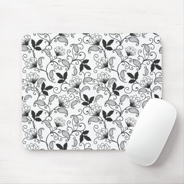 Mousepad Preto Floral no Fundo Branco (Com mouse)