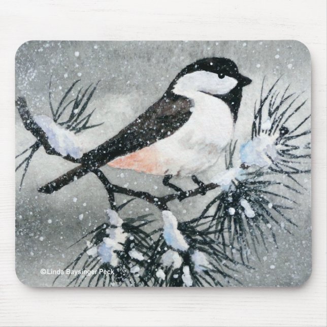 Mousepad Preto pequeno pássaro tampado do Chickadee (Frente)
