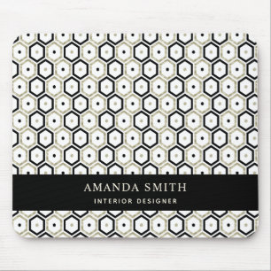 Mousepad Preto Personalizado Branco Dourado Geométrico Mod