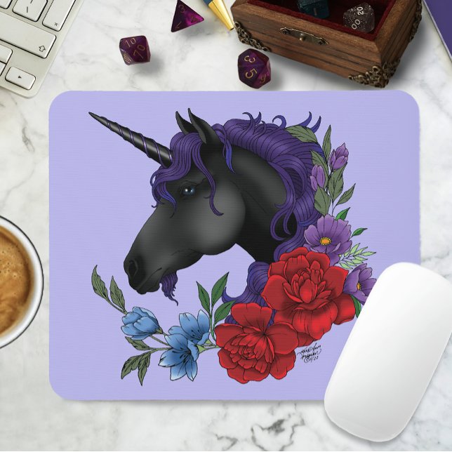 Mousepad Preto Unicórnio Flores Roxo (Criador carregado)