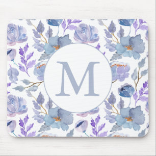 Mousepad Pretty Dusty Blue Lilac Watercolor Floral Monogram