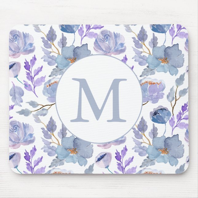 Mousepad Pretty Dusty Blue Lilac Watercolor Floral Monogram (Frente)