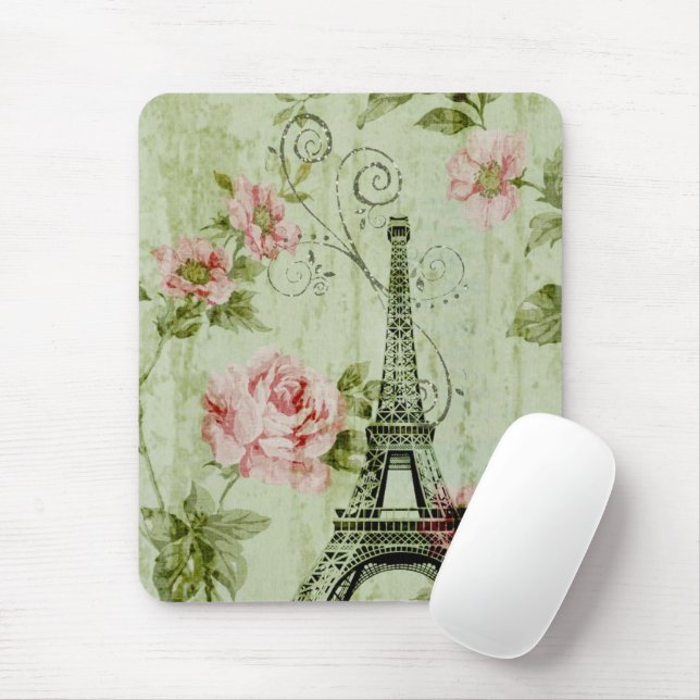 Mousepad pretty spring mint pink floral paris eiffel tower (Com mouse)