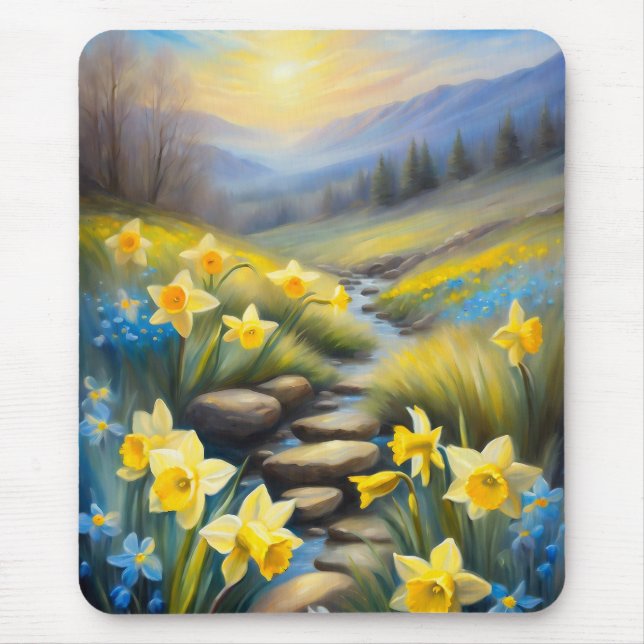 Mousepad Primavera Daffodils Enfumaçados Montanhas de flore (Frente)
