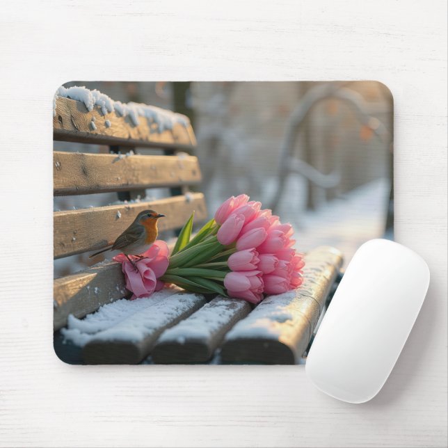 Mousepad Primavera Tulips e Robin em um banco de neve (Com mouse)