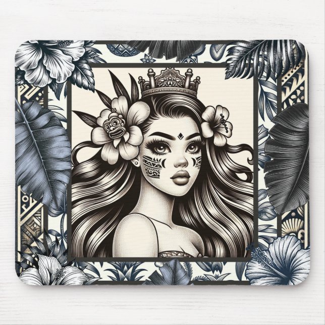 Mousepad Princesa Polinésia Floral Tribal Azul (Frente)