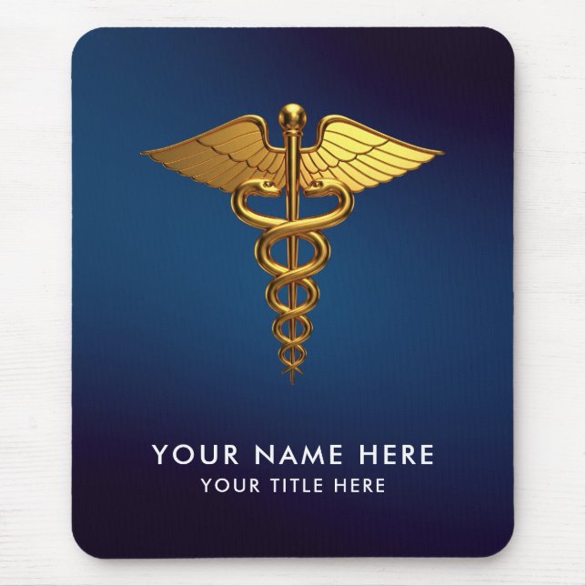 Mousepad Profissional Caduceu Azul Naval Dourado Médico (Frente)