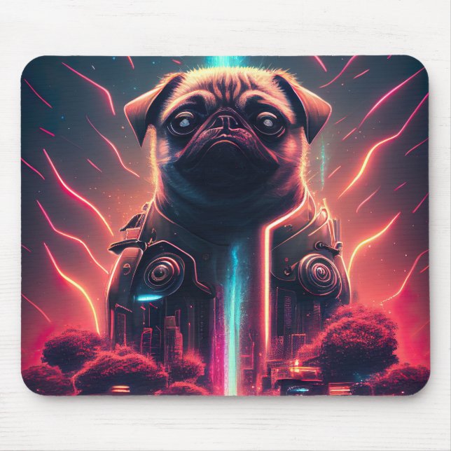 Mousepad Pug Adorável com Fantasia de Robô Futurista (Frente)
