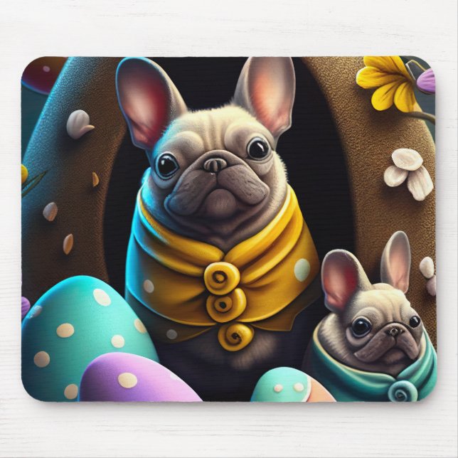 Mousepad Pug Adorável com Ovos de Páscoa Festivo e Corinto (Frente)