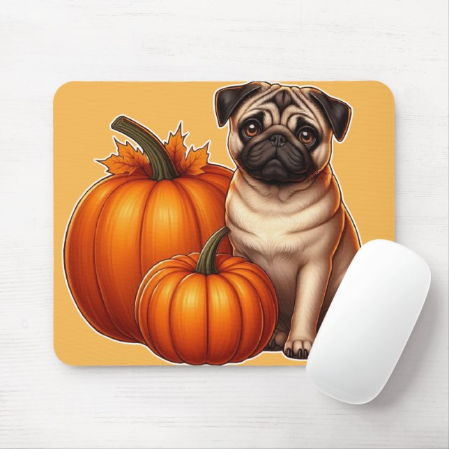 Mousepad Pug Adorável Sentado ao Lado de Pumpkins e Folhas (Com mouse)