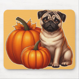 Mousepad Pug Adorável Sentado ao Lado de Pumpkins e Folhas