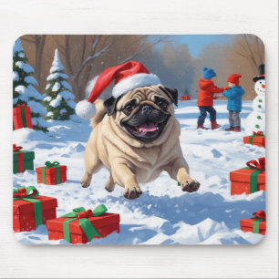 Mousepad Pug Correndo na Neve com Chapéu de Natal