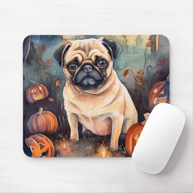 Mousepad Pug De Halloween Com Pumpkins Assustado (Com mouse)