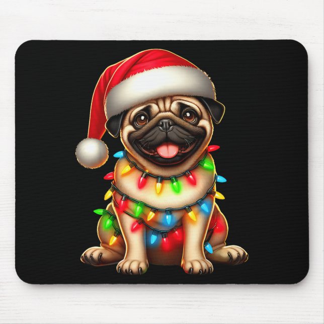 Mousepad Pug Dog Christmas Tree Lights Santa Xmas Pajama Do (Frente)