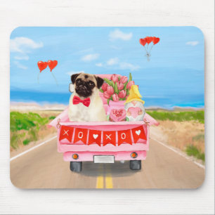 Mousepad Pug Dog Dia de os namorados Truck Hearts