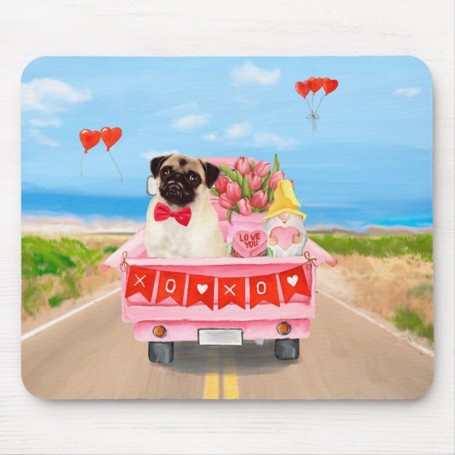 Mousepad Pug Dog Dia de os namorados Truck Hearts (Frente)