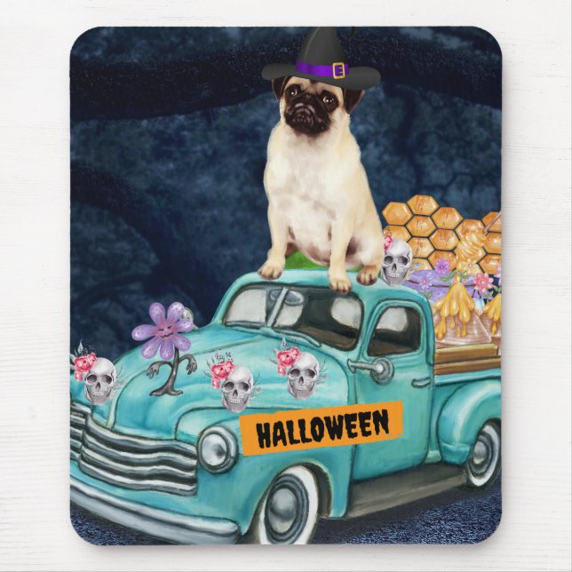 Mousepad Pug Dog Halloween Truck Noite Assustadora (Frente)