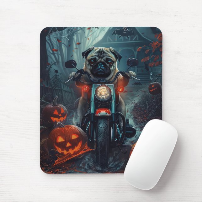 Mousepad Pug Riding Motorcycle Halloween Scary (Com mouse)