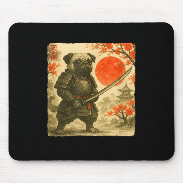 Mousepad Pug Samurai Japanese Warrior Costume Sumi-e Art Fu (Frente)