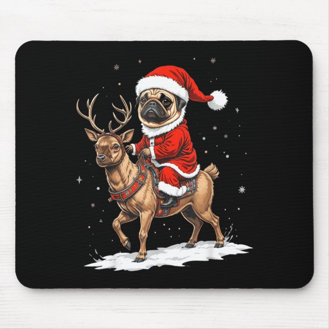 Mousepad Pug Santa Riding Reindeer Christmas Holiday Puppy  (Frente)
