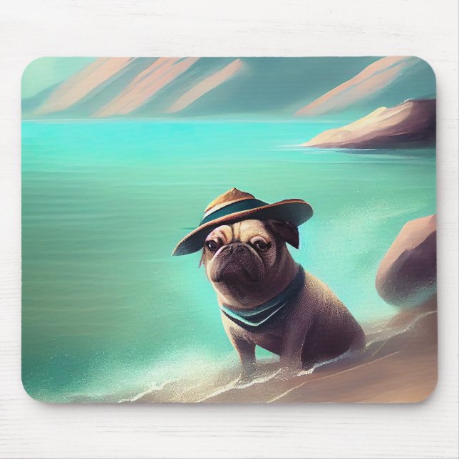 Mousepad Pug se divertindo na pintura de praia (Frente)