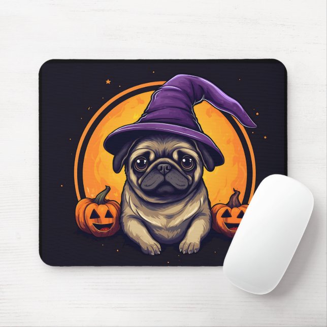 Mousepad Pug Witch Bumkins Halloween Moon (Com mouse)